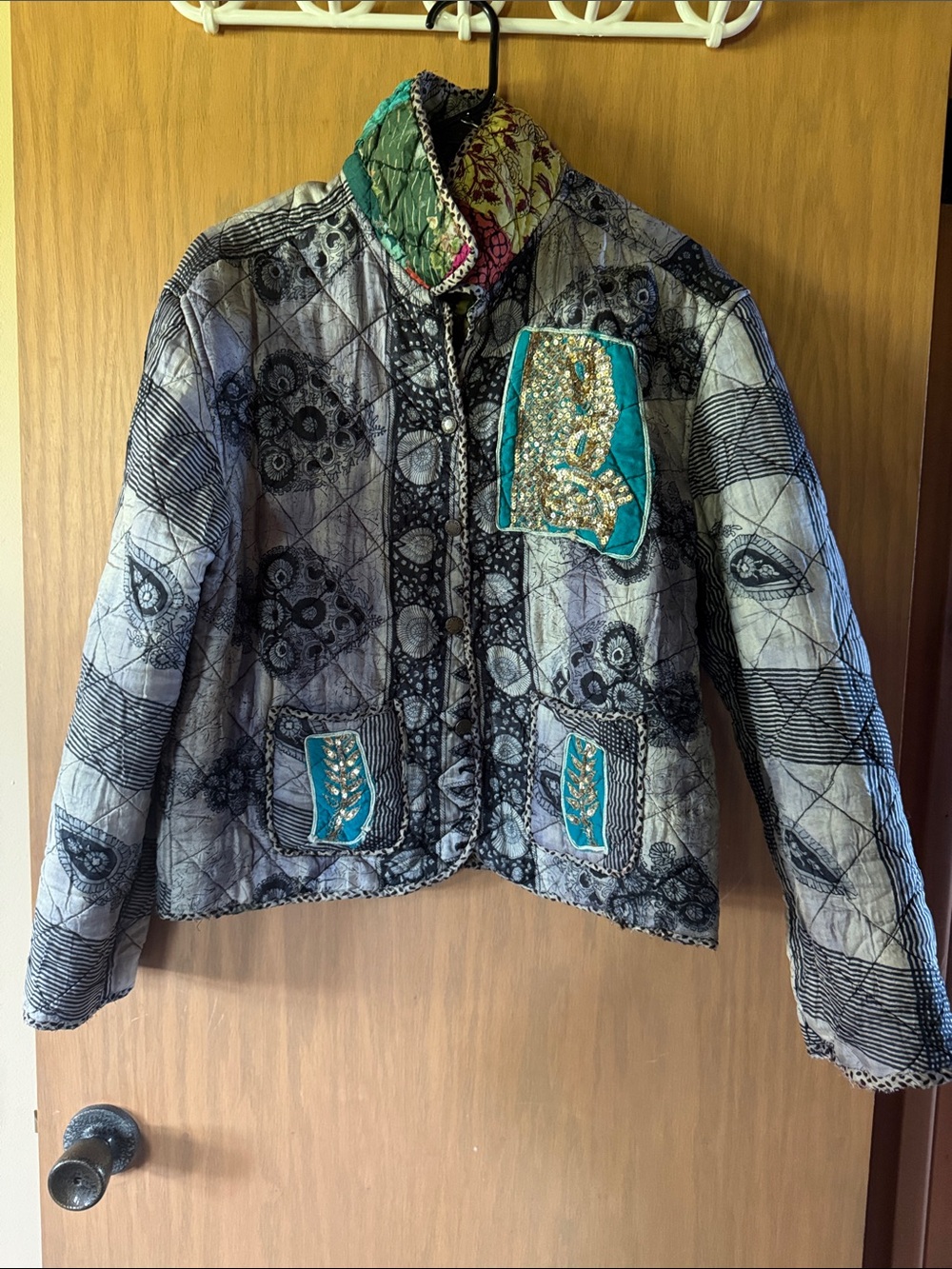 Bohemian Quilted Patchwork Jacket in Teal and Gray